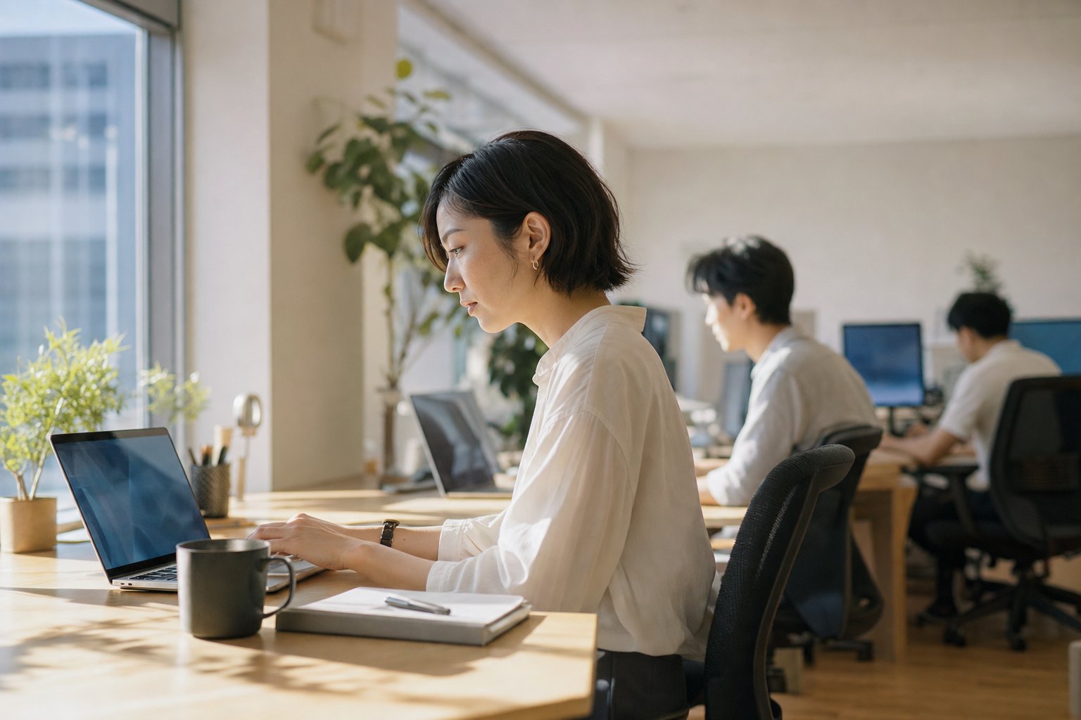 オフィスの窓際でノートPCに向かい、机で作業している人
