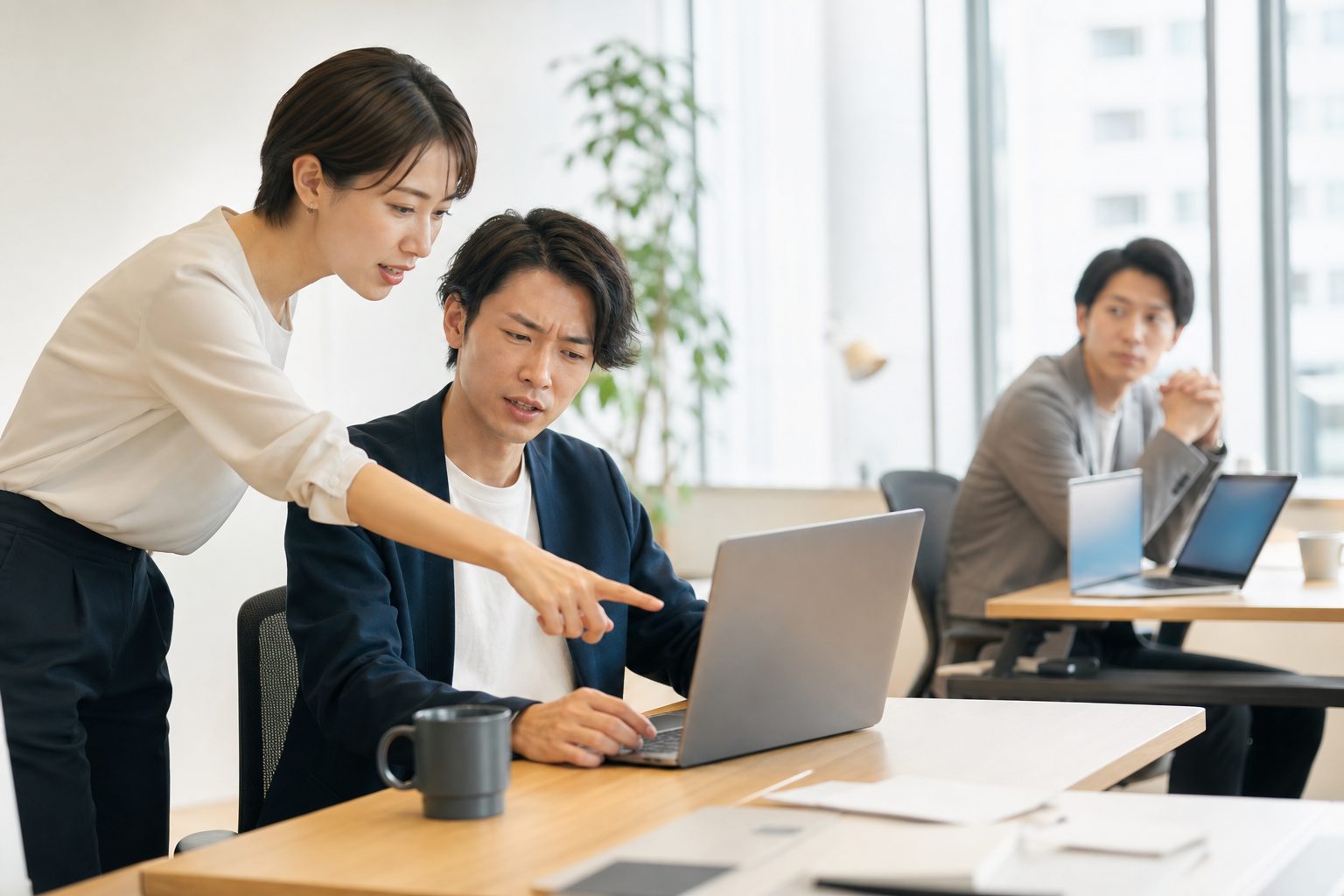 同僚がノートPCの画面を指さし、隣の席の人に使い方を教えている